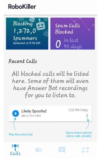 Robokiller recent calls settings
