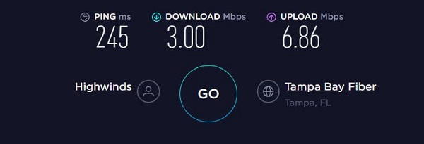 The speed test results of IPvanish from SA connecting to US servers in test2